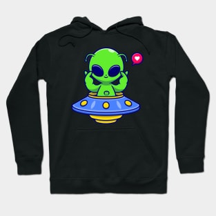 Cute Alien Riding UFO With Love Sign Cartoon Hoodie